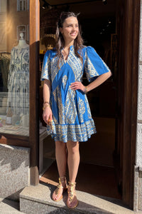 SHORT OVERSIZED DRESS "EMBROIDERED" BLUE RAF/GOLD