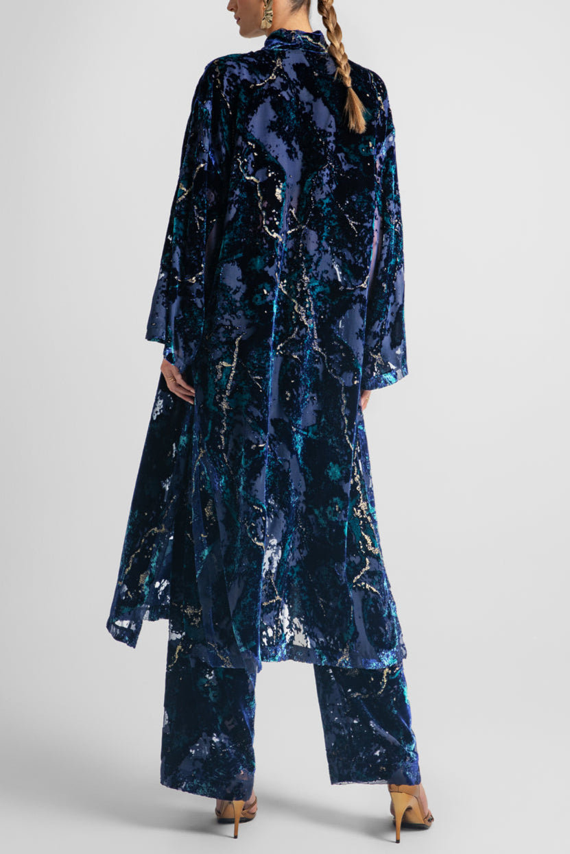 VELVET KIMONO WITH BELT "LUREX" BLUE