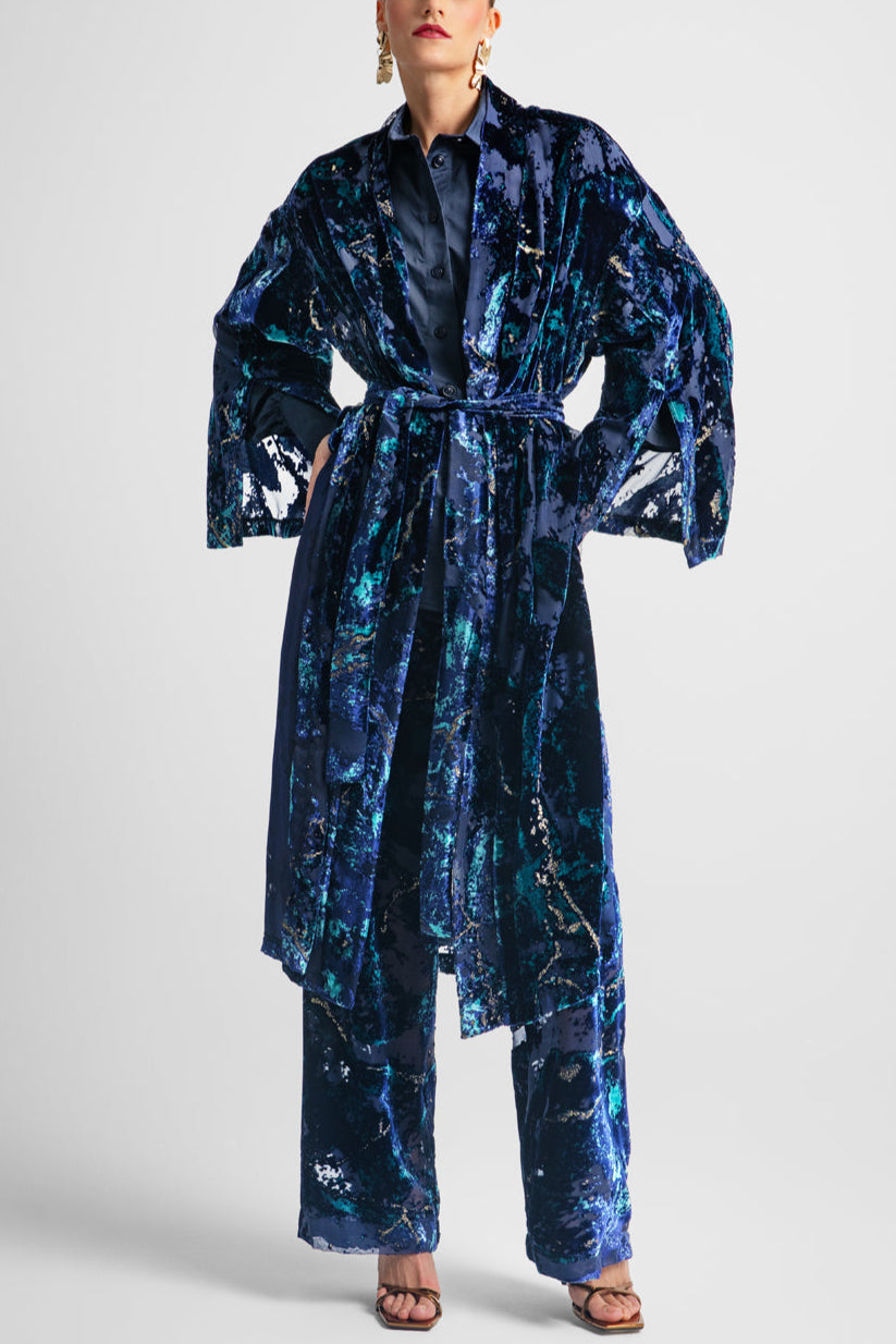 VELVET KIMONO WITH BELT "LUREX" BLUE