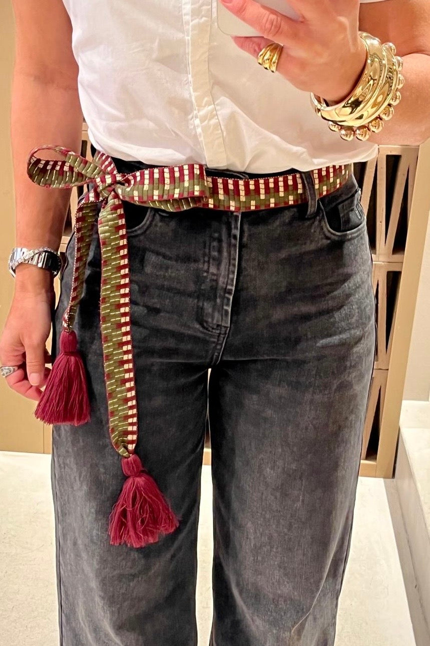 WOVEN BELT WITH TASSELS "MOSAIC" BURGUNDY/OLIVE/GOLD