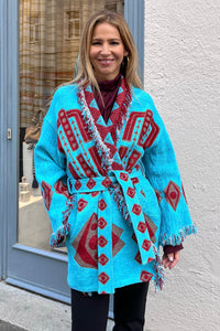 OVERSIZED JACQUARD KIMONO JACKET "ELEA" TURQUOISE