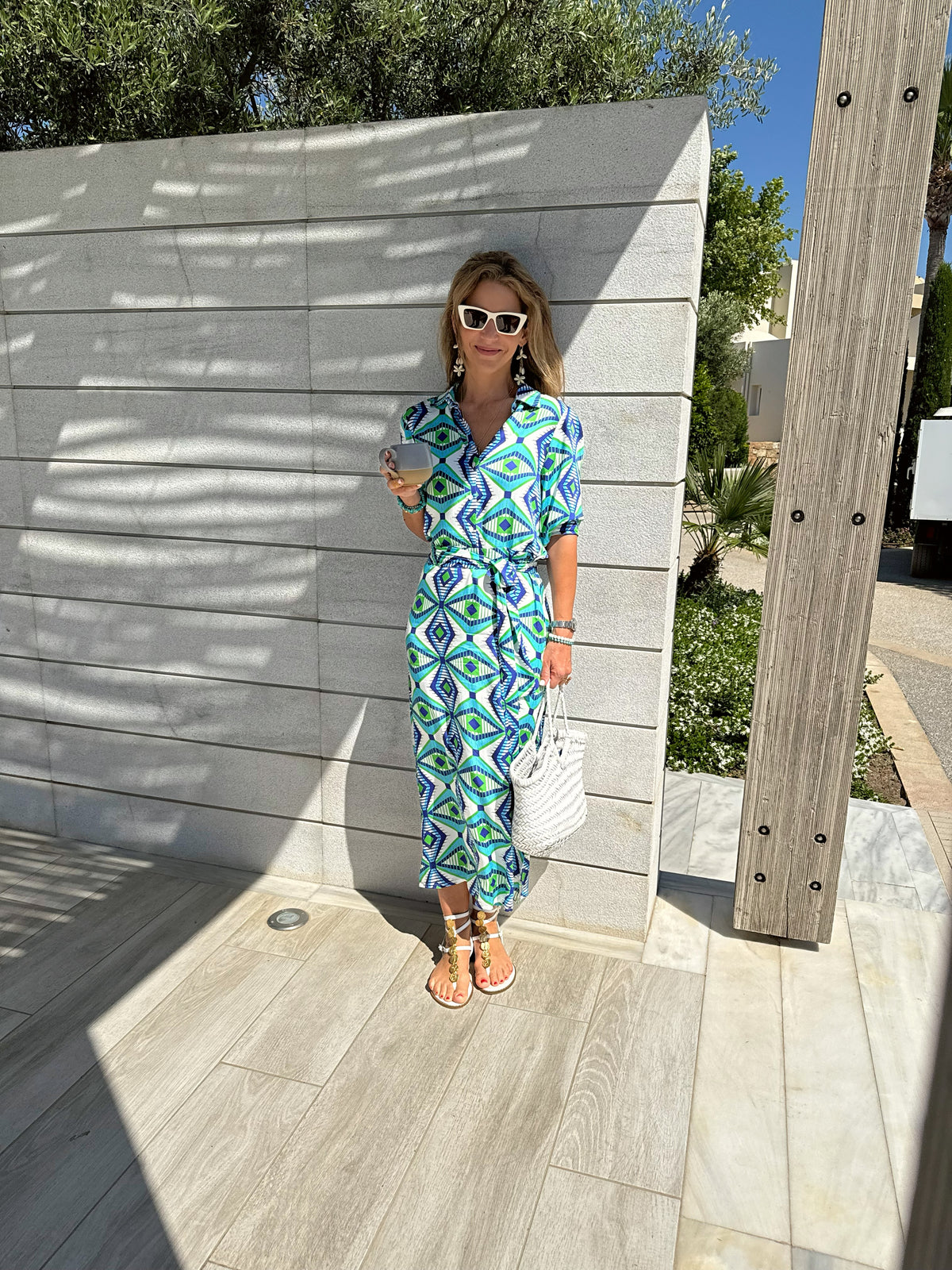 MIDI SHIRT DRESS WITH BELT "GLAFKI" BLUE/GREEN/WHITE