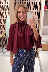 SILKY SATIN BOW TIE BLOUSE "CHLOE" BURGUNDY