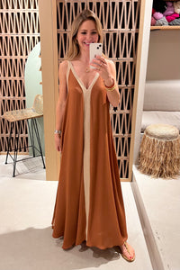 FLOWY LONG DRESS "ATHENA" CHOCOLATE/GOLD