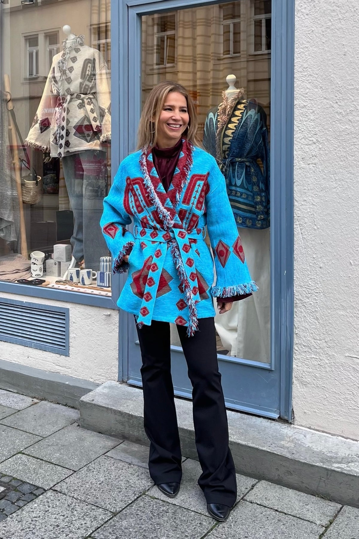 OVERSIZED JACQUARD KIMONO JACKET "ELEA" TURQUOISE