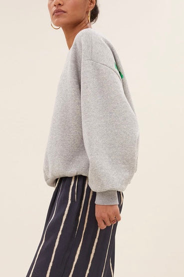OVERSIZED COTTON SWEATER "LUCKY" GREY/METALLIC GREEN