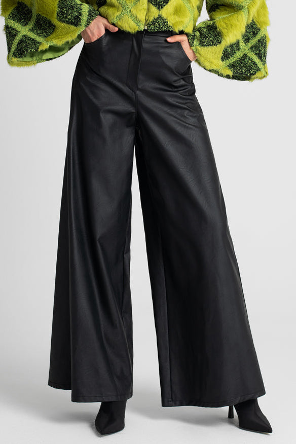 ULTRA WIDE LEG VEGAN LEATHER PANTS BLACK