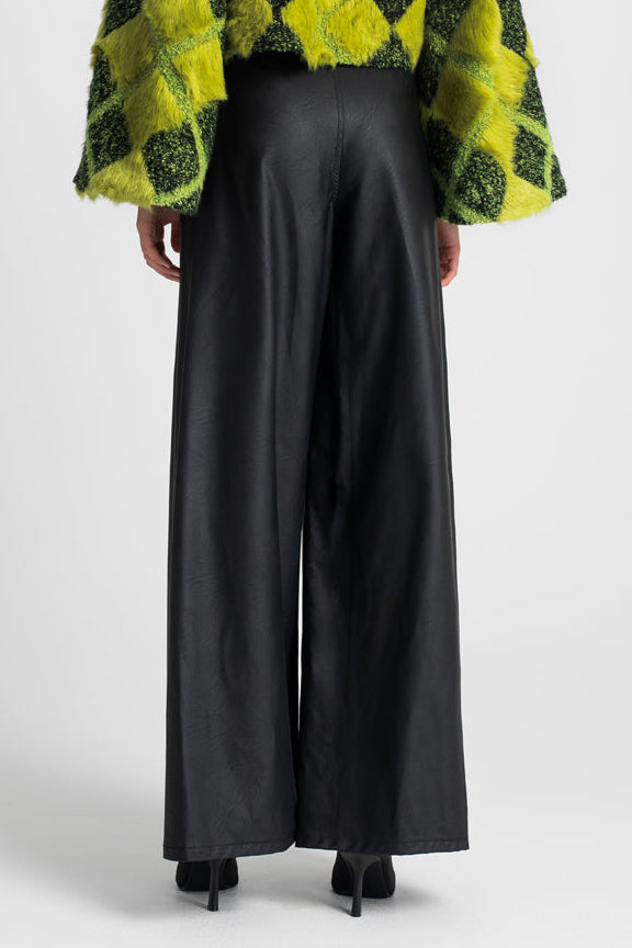 ULTRA WIDE LEG VEGAN LEATHER PANTS BLACK