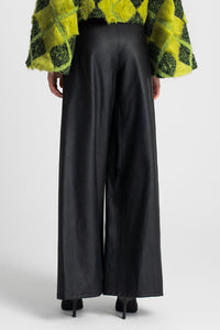 ULTRA WIDE LEG VEGAN LEATHER PANTS BLACK