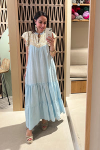 MIDI DRESS WITH RUFFLES "TRIANGLE" CIEL/GOLD