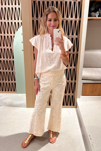 CROPPED EMBROIDERED COTTON PANTS "TRIANGLE" NATURAL/CHAMPAGNE