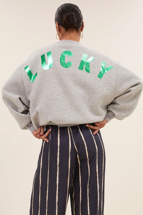 OVERSIZED COTTON SWEATER "LUCKY" GREY/METALLIC GREEN