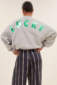 OVERSIZED COTTON SWEATER "LUCKY" GREY/METALLIC GREEN