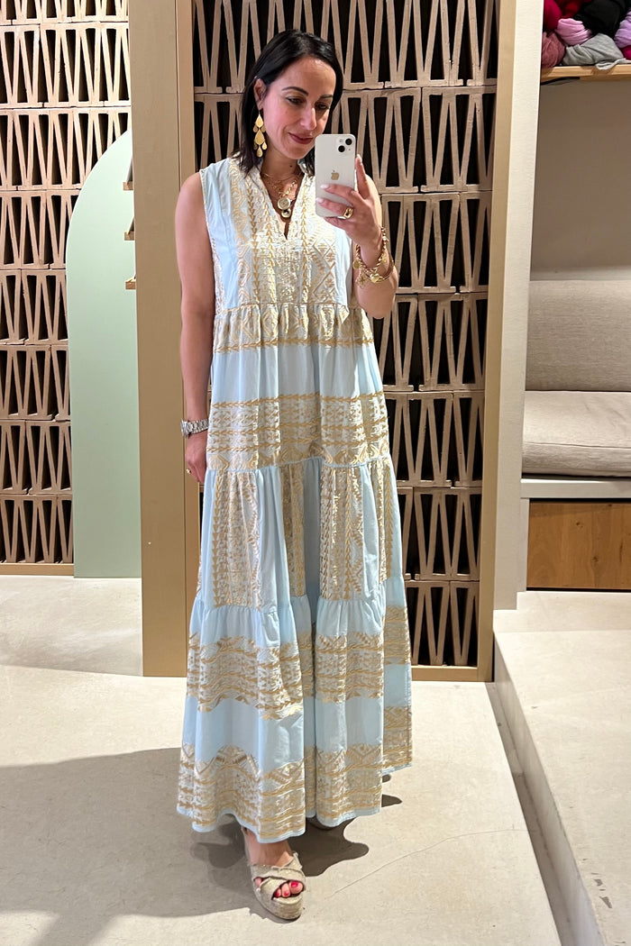 LONG SLEEVELESS DRESS "EMBROIDERED" CIEL/GOLD