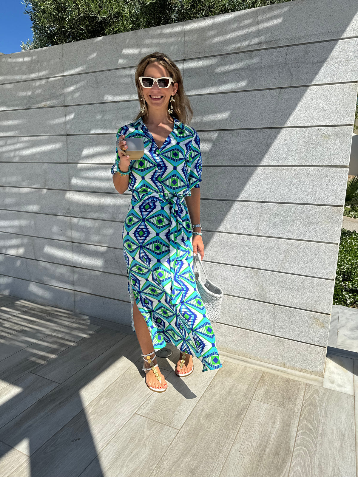 MIDI SHIRT DRESS WITH BELT "GLAFKI" BLUE/GREEN/WHITE