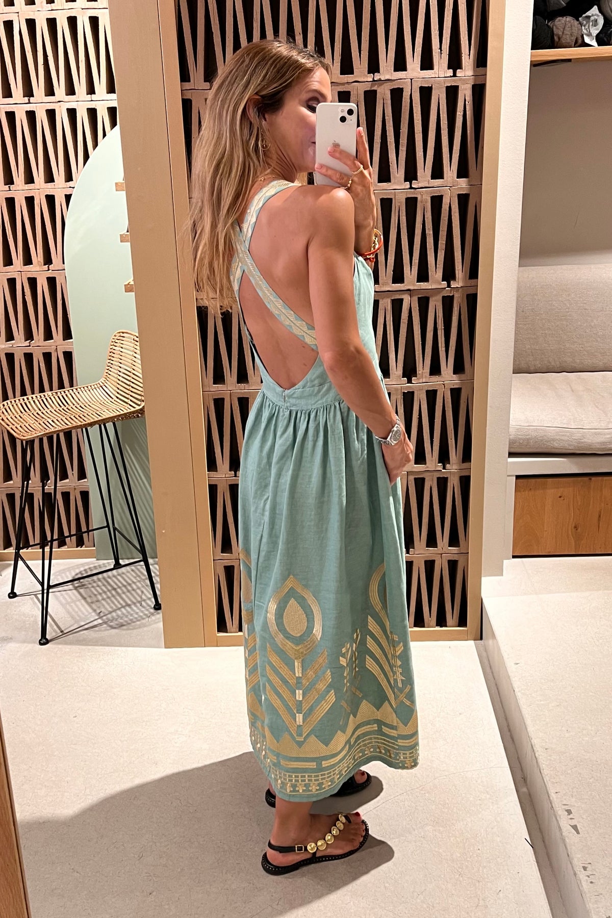 STRAPPY MIDI LINEN DRESS "FEATHER" SEA GREEN/GOLD