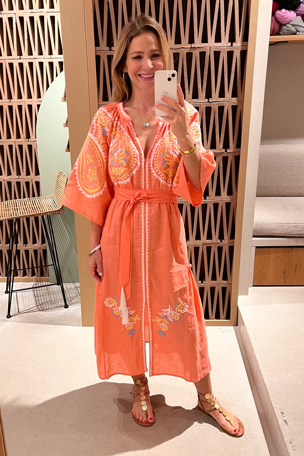 MIDI EMBROIDERED LINEN DRESS "ARETI" CORAL