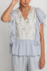 OVERSIZED COTTON VOLANTS BLOUSE "TRIANGLE" GREY/CHAMPAGNE