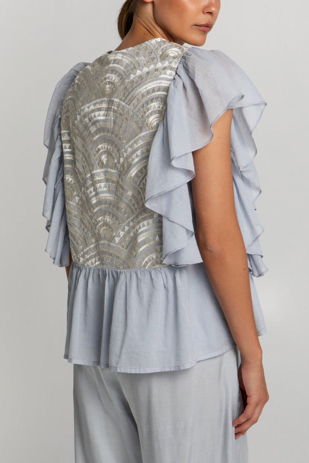 OVERSIZED COTTON VOLANTS BLOUSE "TRIANGLE" GREY/CHAMPAGNE