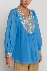 OVERSIZED COTTON BLOUSE "TRIANGLE" BLUE RAF/GOLD