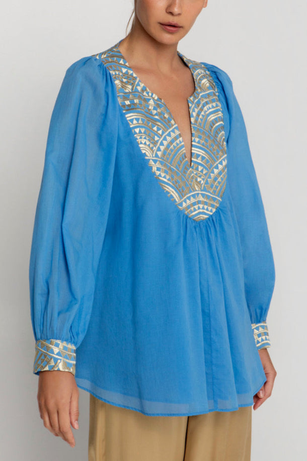 OVERSIZED COTTON BLOUSE "TRIANGLE" BLUE RAF/GOLD