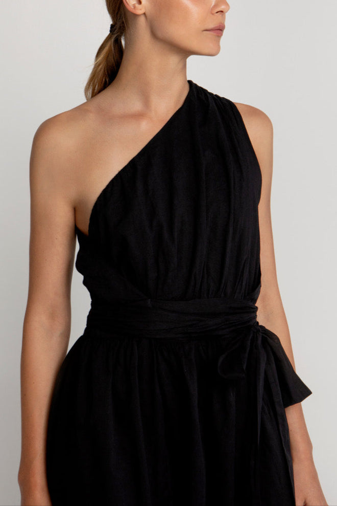 SHORT ONE SHOULDER COTTON WRAP DRESS "ALEA" BLACK