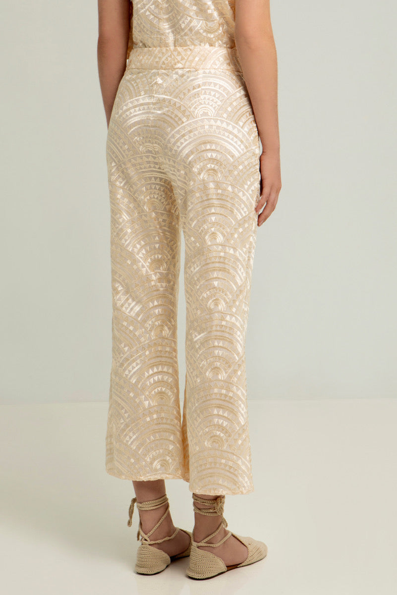 CROPPED EMBROIDERED COTTON PANTS "TRIANGLE" NATURAL/CHAMPAGNE