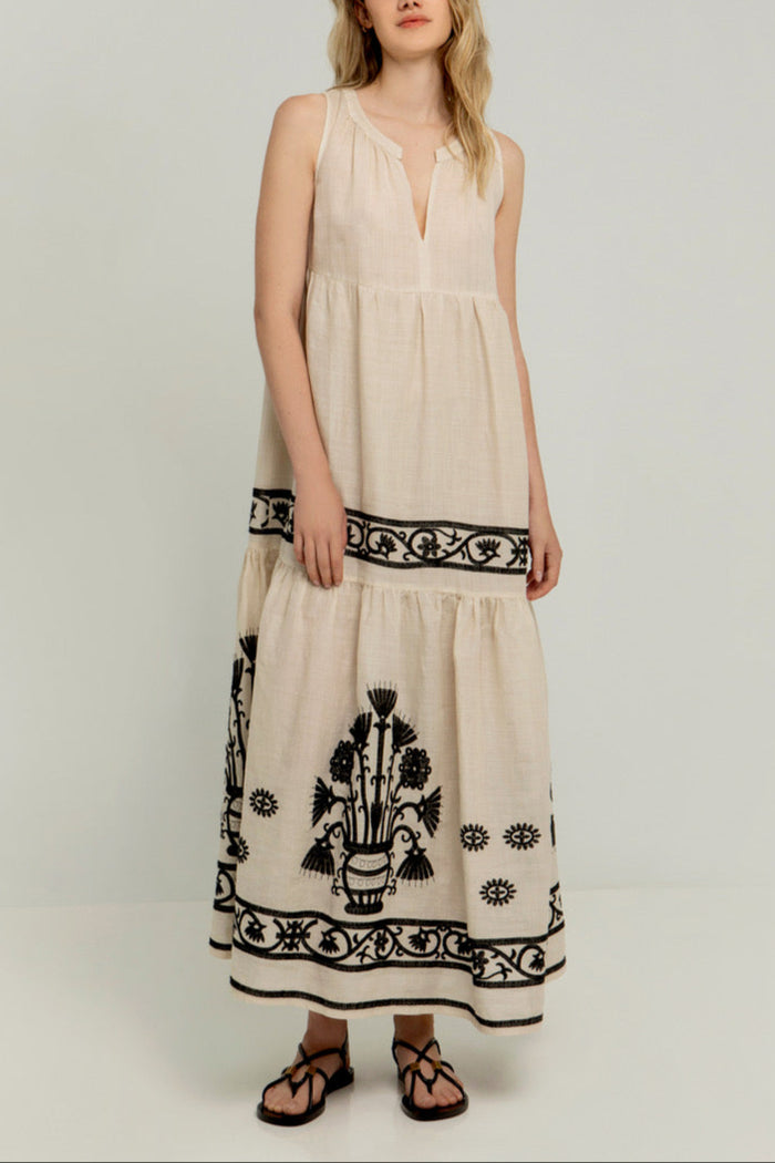 LONG SLEEVELESS DRESS "CRETE" SAND/BLACK