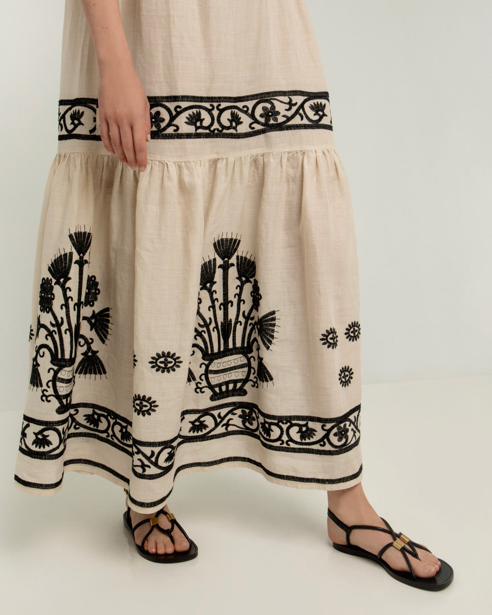 LONG SLEEVELESS DRESS "CRETE" SAND/BLACK