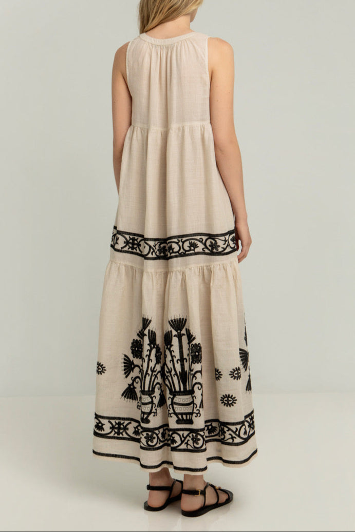 LONG SLEEVELESS DRESS "CRETE" SAND/BLACK