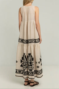 LONG SLEEVELESS DRESS "CRETE" SAND/BLACK