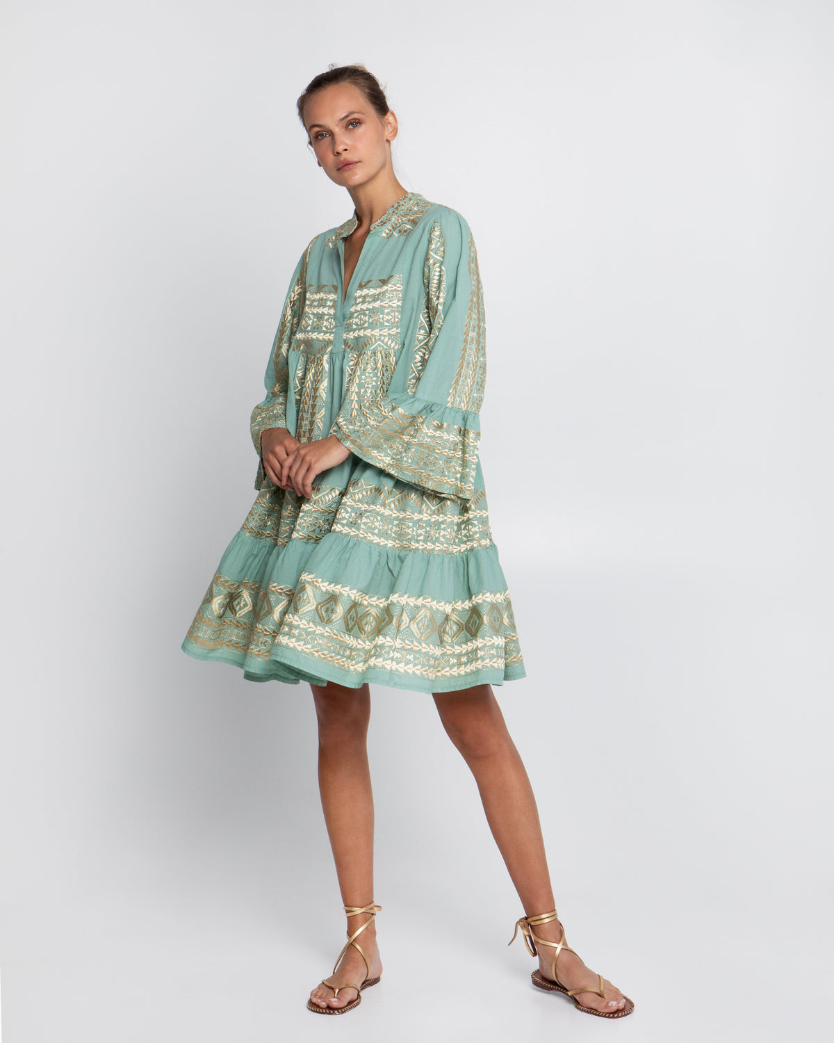 SHORT TUNIC DRESS "EMBROIDERED" SEA GREEN/GOLD
