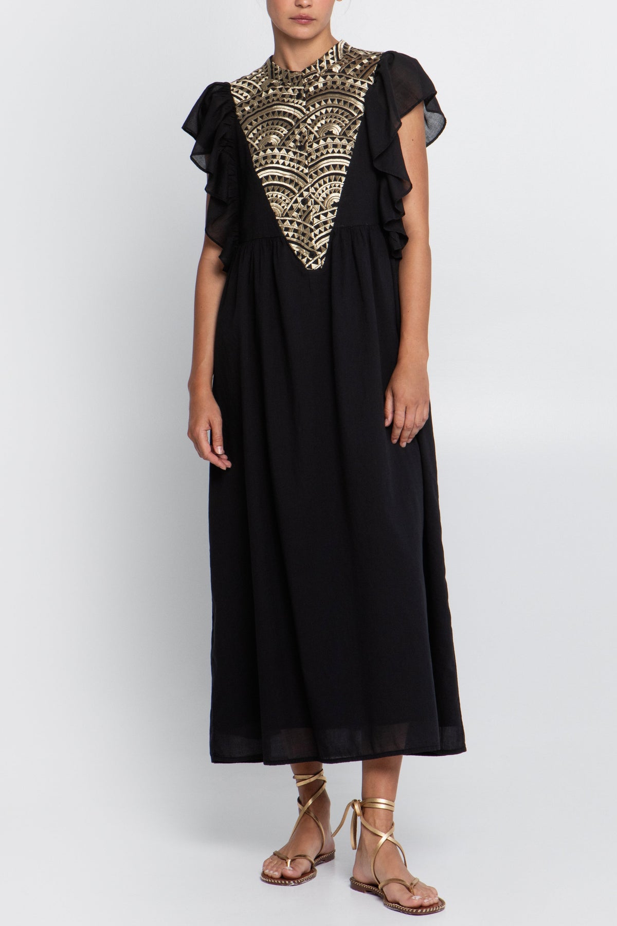 MIDI COTTON DRESS WITH RUFFLES "TRIANGLE" BLACK/GOLD