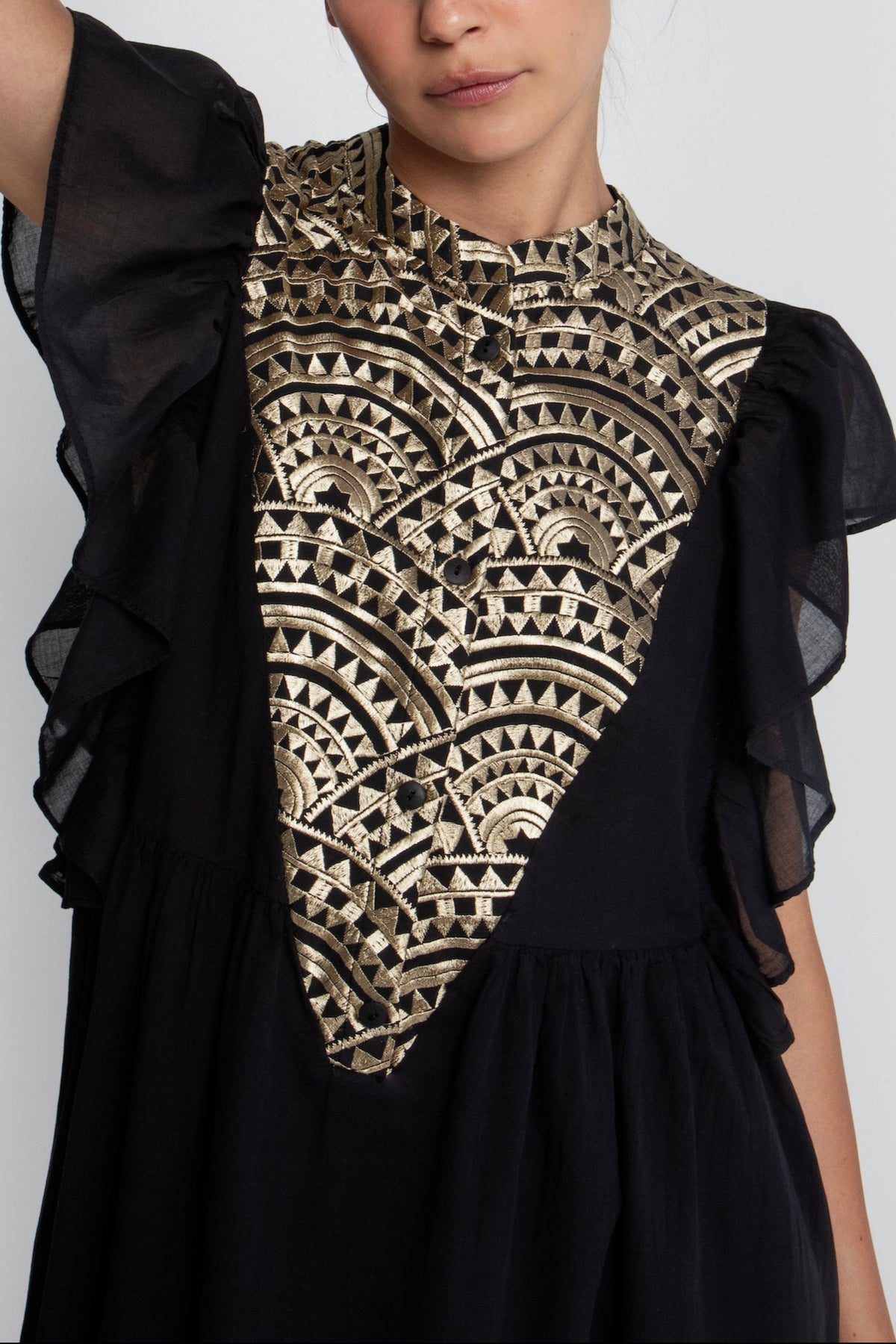 MIDI COTTON DRESS WITH RUFFLES "TRIANGLE" BLACK/GOLD