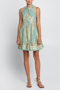 SHORT SLEEVELESS DRESS "EMBROIDERED" SEA GREEN/GOLD