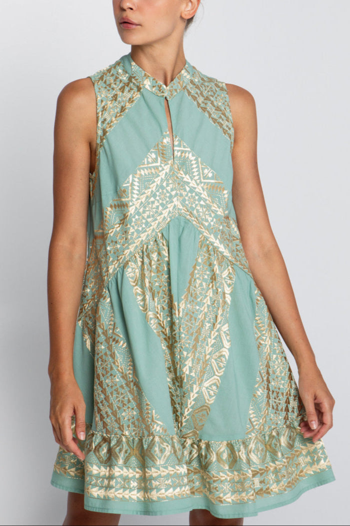 SHORT SLEEVELESS DRESS "EMBROIDERED" SEA GREEN/GOLD