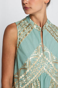 SHORT SLEEVELESS DRESS "EMBROIDERED" SEA GREEN/GOLD