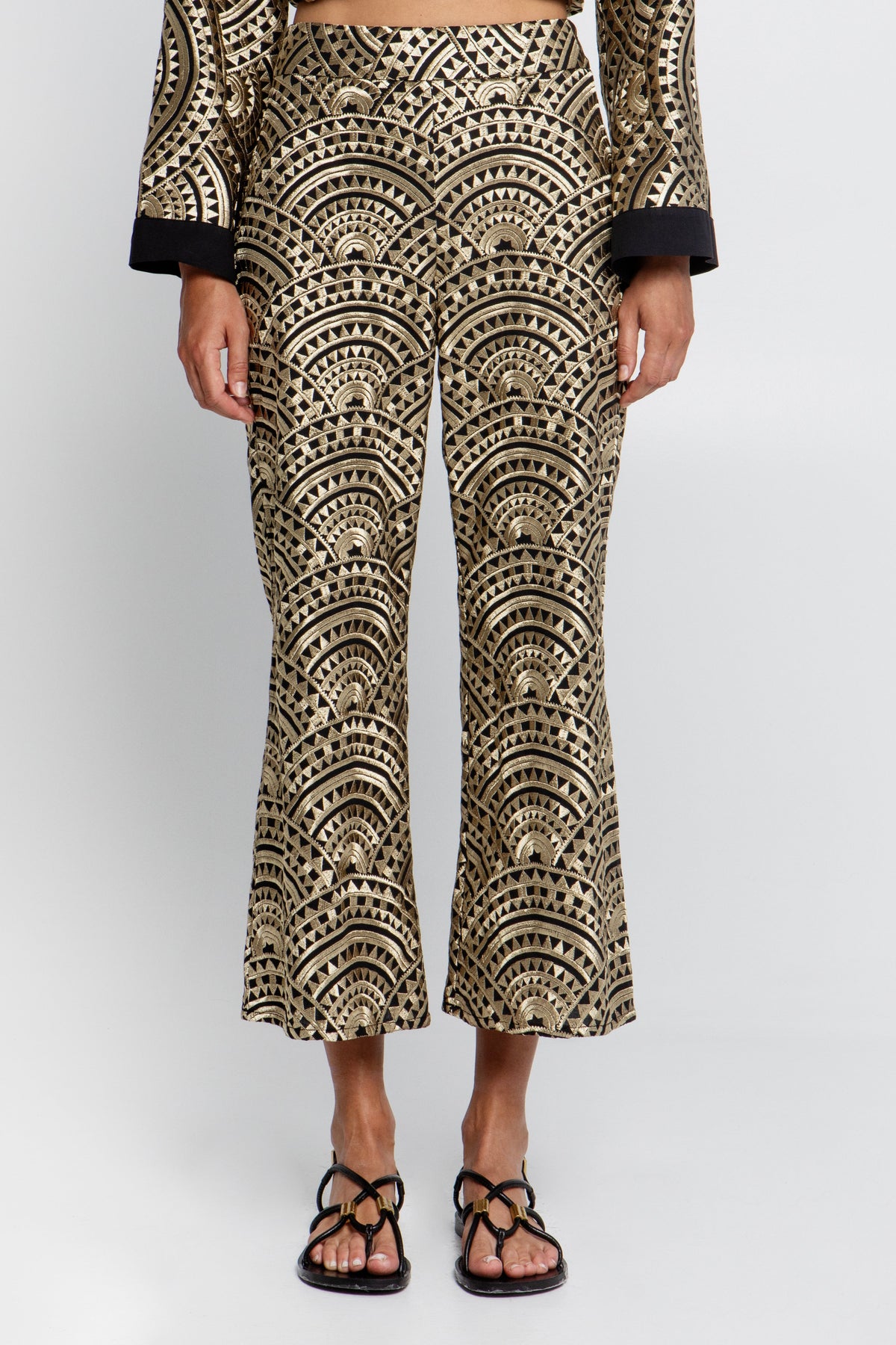 CROPPED EMBROIDERED COTTON PANTS "TRIANGLE" BLACK/GOLD