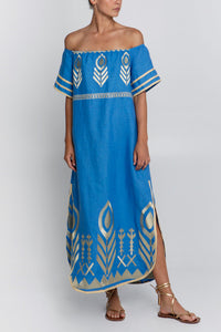 OFFSHOULDER LINEN "FEATHER" DRESS BLUE/GOLD