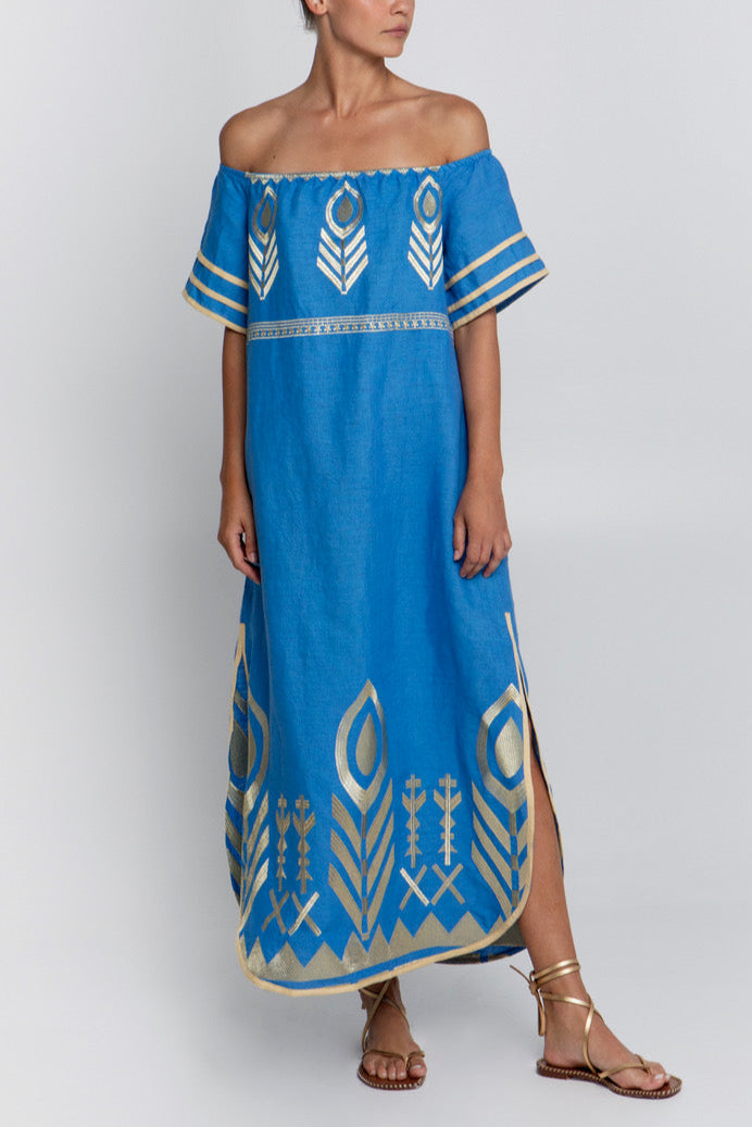 OFFSHOULDER LINEN "FEATHER" DRESS BLUE/GOLD