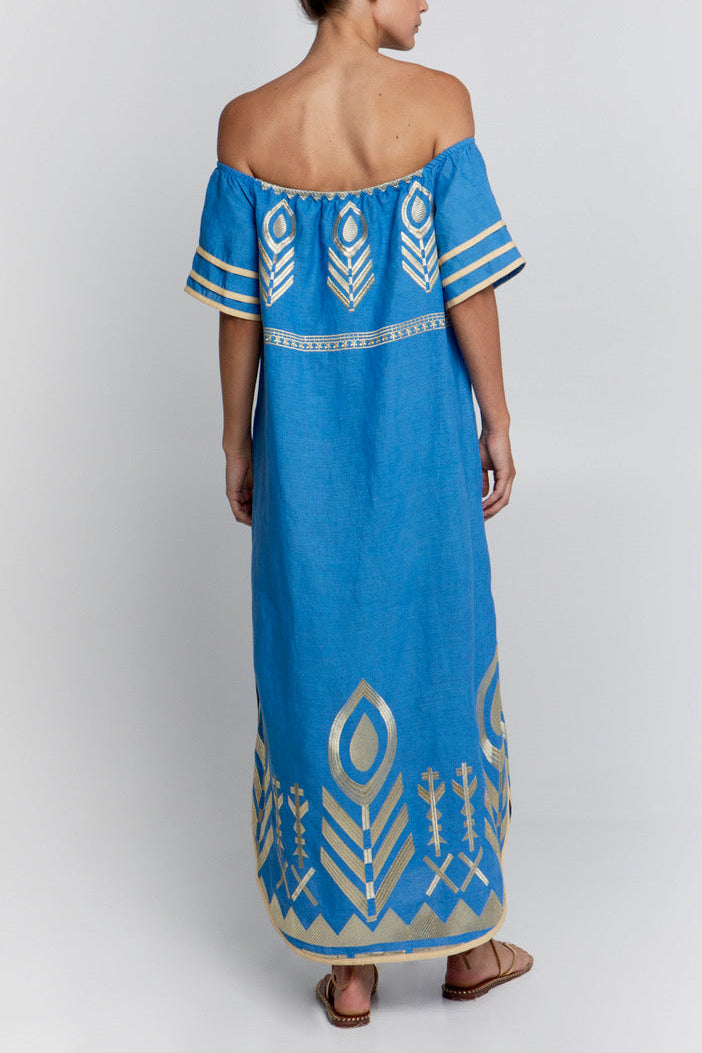 OFFSHOULDER LINEN "FEATHER" DRESS BLUE/GOLD