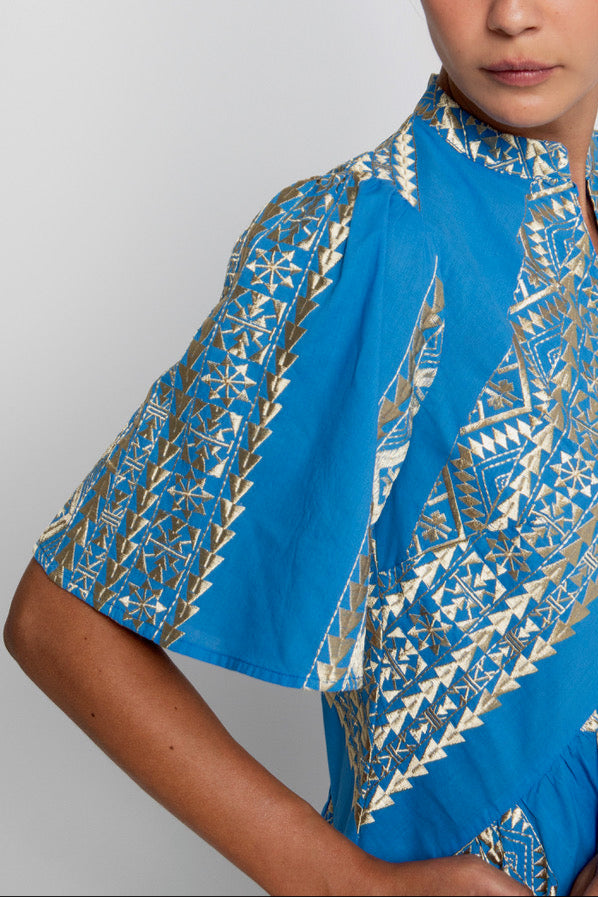 SHORT OVERSIZED DRESS "EMBROIDERED" BLUE RAF/GOLD