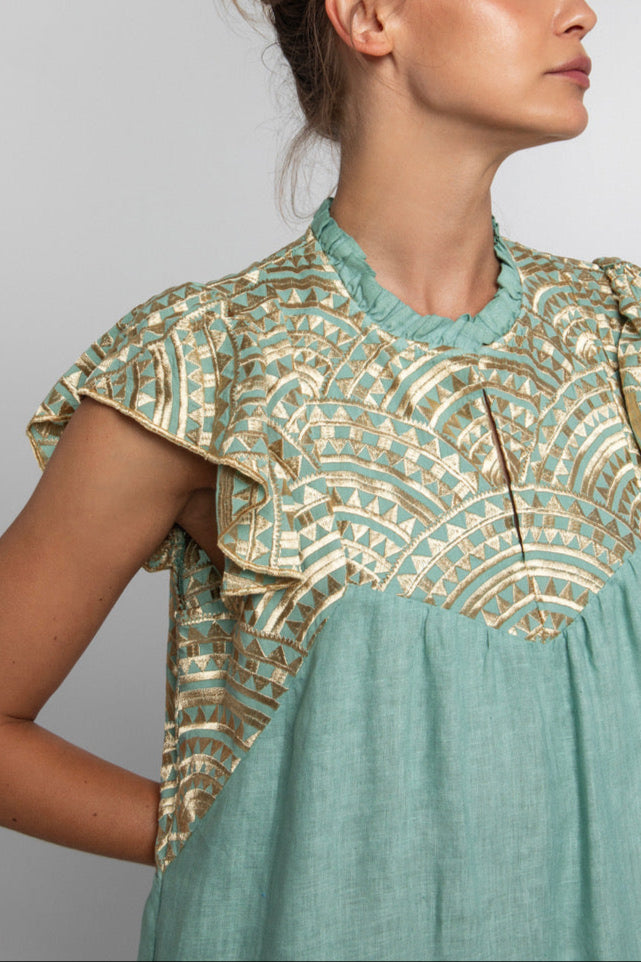 MIDI DRESS WITH RUFFLES "TRIANGLE" SEA GREEN/GOLD