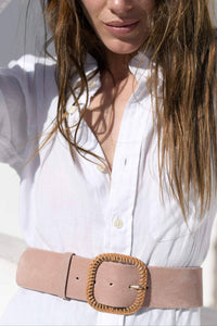 VELOURS LEATHER BELT WITH RAFFIA BUCKLE "LESIA" ROSE