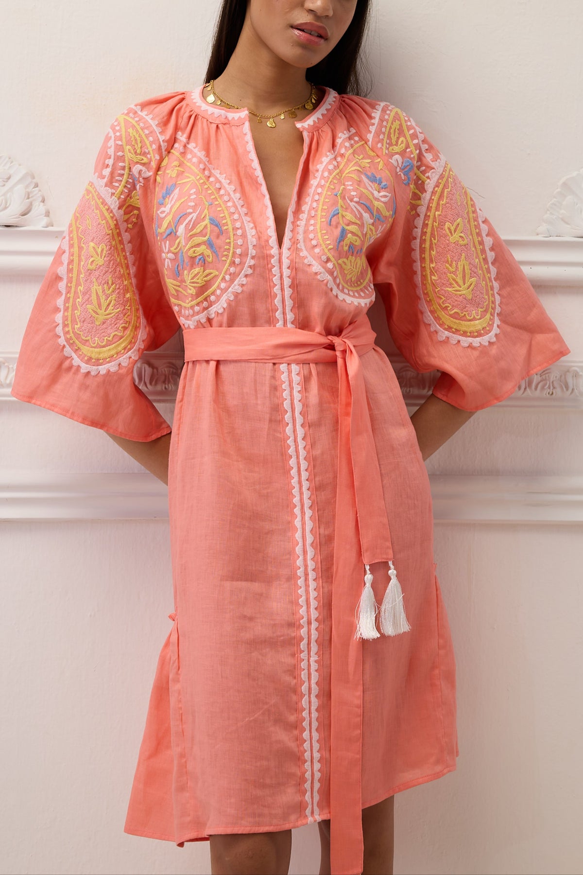 SHORT EMBROIDERED LINEN DRESS "ARETI" CORAL