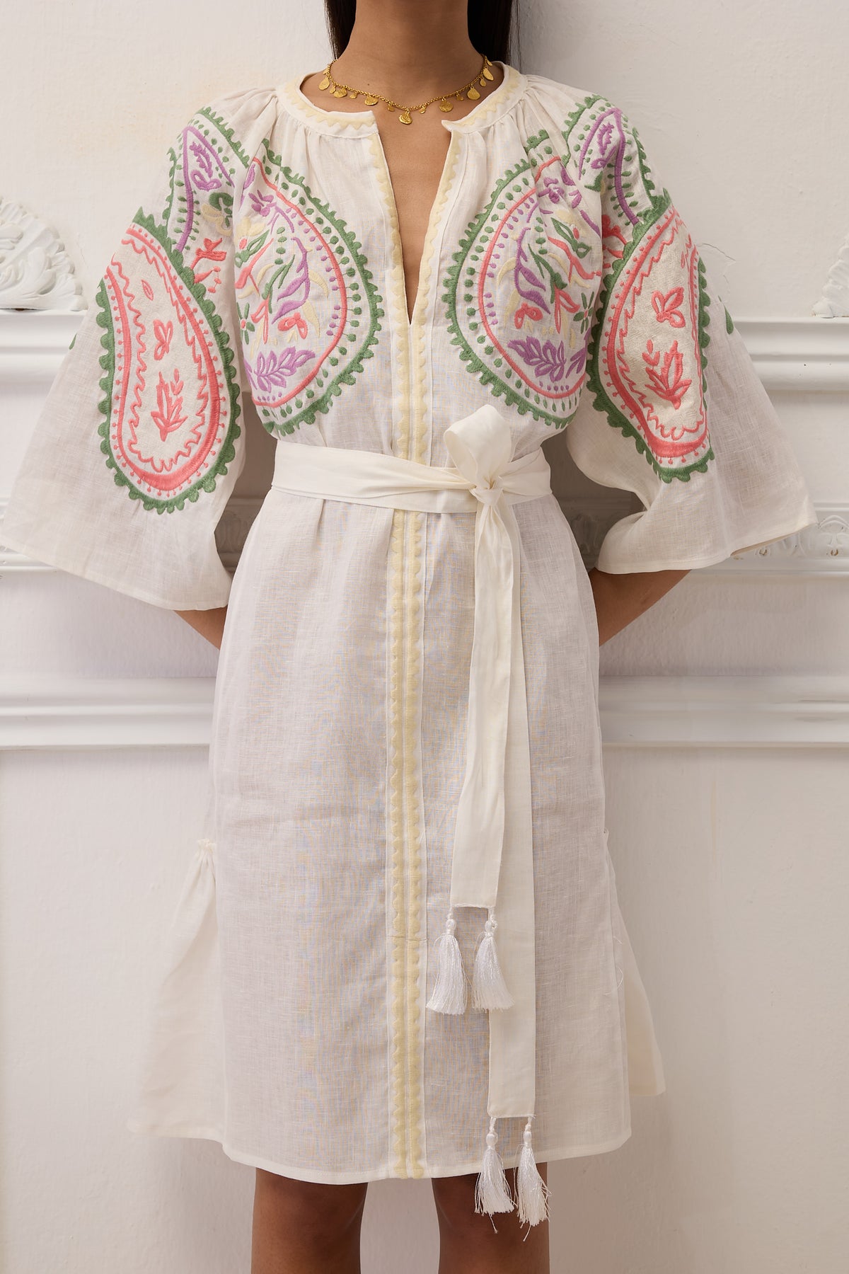 SHORT EMBROIDERED LINEN DRESS "ARETI" WHITE