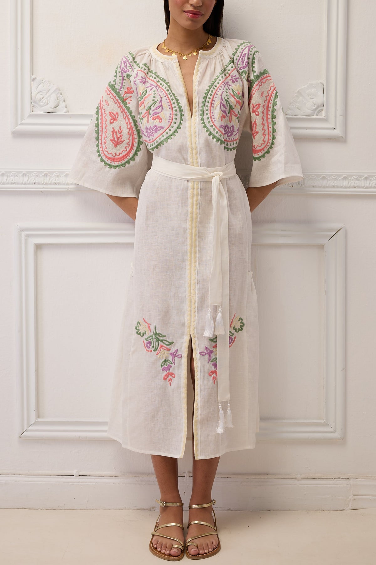 MIDI EMBROIDERED LINEN DRESS "ARETI" WHITE