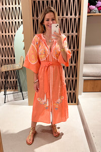 MIDI EMBROIDERED LINEN DRESS "ARETI" CORAL