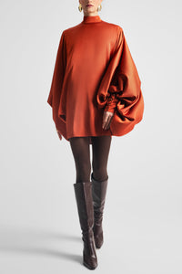 SHORT BALLOON ARMS SATIN DRESS BRICK