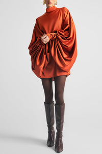 SHORT BALLOON ARMS SATIN DRESS BRICK